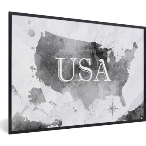 Fotolijst incl. Poster - Wereldkaart - Waterverf - Verenigde Staten - 90x60 cm - Posterlijst