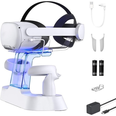 NexiGo Verbeterd oplaaddock met LED-licht [aan/uit] voor Oculus Quest 2, [Ondersteuning Elite-riem met batterij], headset-displayhouder en controller-bevestiging, 2 oplaadbare batterijen,