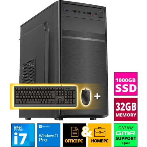 Intel Desktop PC met Core i7 - 32GB RAM - 1000GB NVMe M.2 SSD - WiFi - Bluetooth - Windows 11 Pro - Inclusief Muis & Toetsenbord