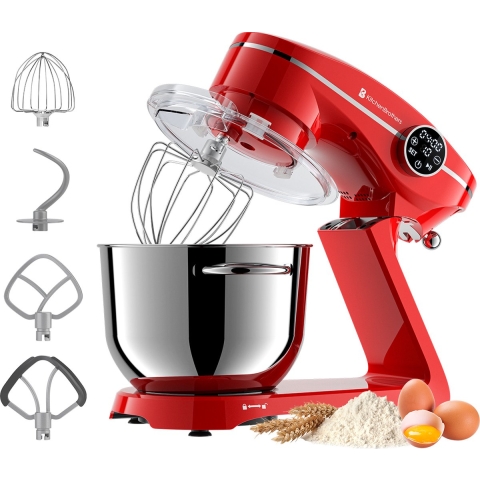KitchenBrothers Keukenmachine - Touch Display en Timer - Keukenrobot - 6L - 1800W - Aluminium - Rood
