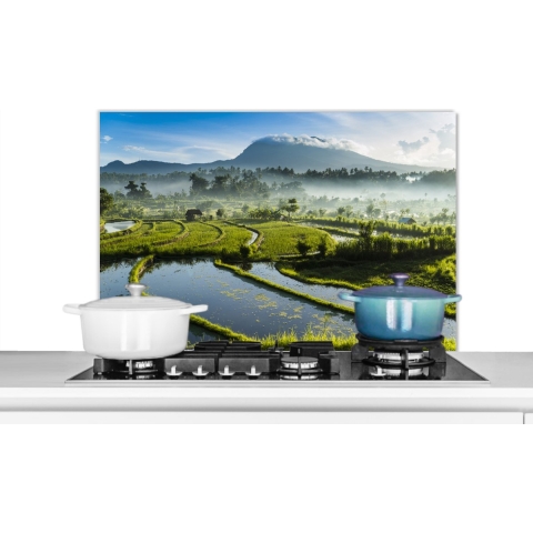 Spatscherm Keuken - Kookplaat Achterwand - Spatwand Fornuis - 90x60 cm - Rijstvelden op Bali - Aluminium - Wanddecoratie - Muurbeschermer - Hittebestendig