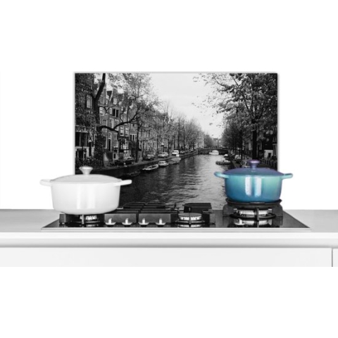 Spatscherm Keuken - Kookplaat Achterwand - Spatwand Fornuis - 60x40 cm - Amsterdamse gracht - Zwart - Wit - Aluminium - Wanddecoratie - Muurbeschermer - Hittebestendig