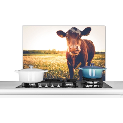Spatscherm Keuken - Kookplaat Achterwand - Spatwand Fornuis - 90x60 cm - Koe - Zonsondergang - Bloemen - Gras - Dieren - Aluminium - Wanddecoratie - Muurbeschermer - Hittebestendig