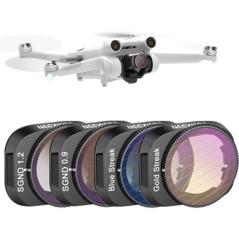 Neewer® - ND- en Effectfilterset, Compatibel met DJI Mini 3/Mini 3 Pro - Set van 4 Filters (GND0.9, GND1.2, Zachte Neutrale Dichte Filter en Blauw/Gouden Strepen) - Creëer Anamorfische Effecten voor Drone Lens
