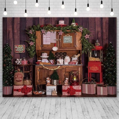 2.1x1.5m Kerst Keuken Fotografieachtergrond Houten Muur Koken Kerstfeest Kinderen Familieportret Decor Achtergrond Fotostudio