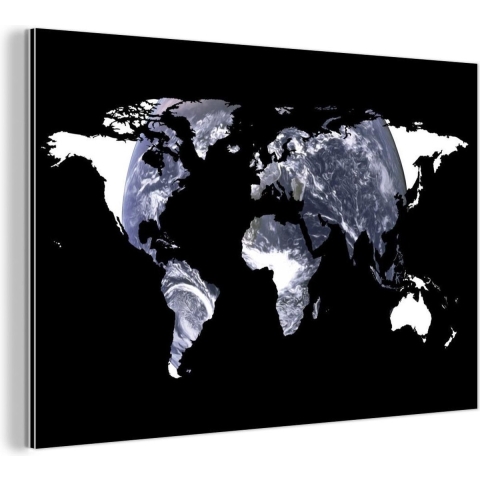 Wanddecoratie Metaal - Aluminium Schilderij Industrieel - Wereldkaart - Zwart - Wit - Wereldbol - 180x120 cm - Dibond - Foto op aluminium - Industriële muurdecoratie - Voor de woonkamer/slaapkamer