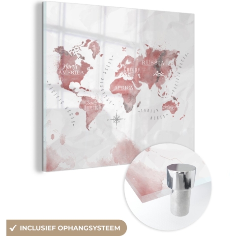 MuchoWow® Glasschilderij - Wereldkaart - Waterverf - Rood - 90x90 cm - Acrylglas Schilderijen - Foto op Glas