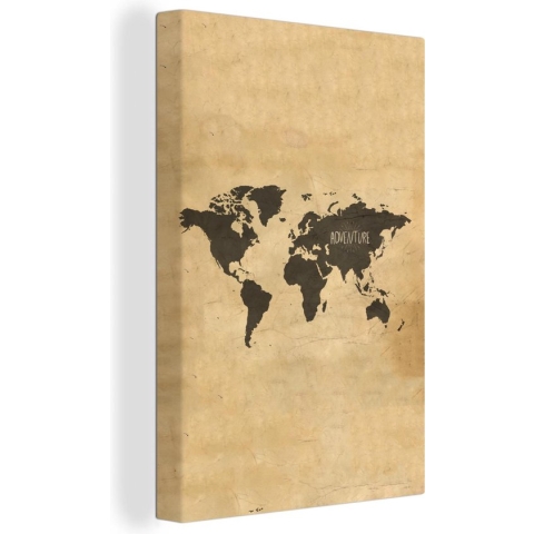 Wanddecoratie Wereldkaart - Vintage - Papyrus - Spreuk - Canvas - 80x120 cm