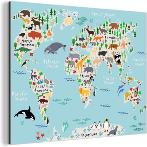 Wanddecoratie Metaal - Aluminium Schilderij Industrieel - Wereldkaart - Kinderen - Dieren - Blauw - Orka - Walvis - 80x60 cm - Dibond - Foto op aluminium - Industriële muurdecoratie - Voor de woonkamer/slaapkamer
