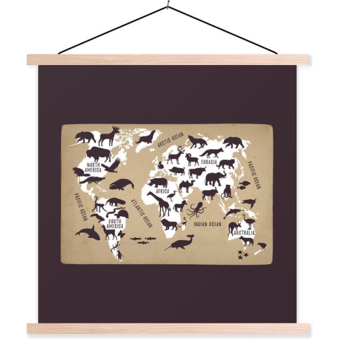 Textielposter - Wereldkaart Kinderen - Wit - Bruin - 120x120 cm - Schoolplaat - Textiel poster