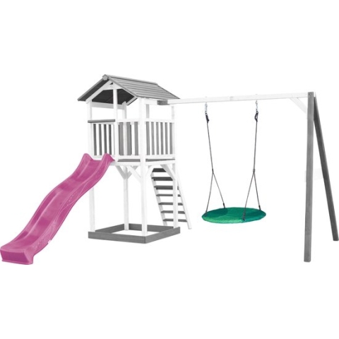 AXI Beach Tower Speeltoestel in Grijs/Wit - Speeltoren met Summer Nestschommel, Paarse Glijbaan en Zandbak - FSC hout - Speelhuis op palen voor de tuin