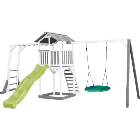 AXI Beach Tower Speeltoestel in Grijs/Wit - Speeltoren met Klimrek, Summer Nestschommel, Limoen Groene Glijbaan en Zandbak - FSC hout - Speelhuis op palen voor de tuin