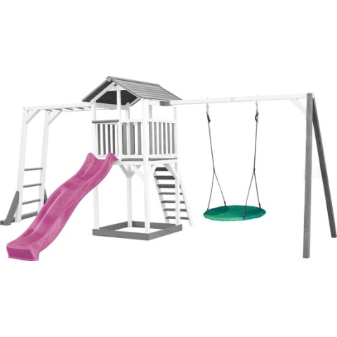 AXI Beach Tower Speeltoestel in Grijs/Wit - Speeltoren met Klimrek, Summer Nestschommel, Paarse Glijbaan en Zandbak - FSC hout - Speelhuis op palen voor de tuin