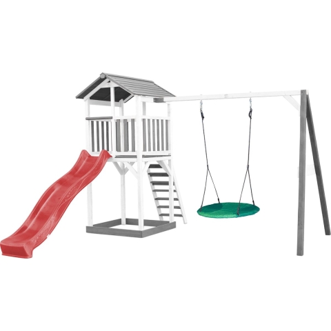 AXI Beach Tower Speeltoestel in Grijs/Wit - Speeltoren met Summer Nestschommel, Rode Glijbaan en Zandbak - FSC hout - Speelhuis op palen voor de tuin
