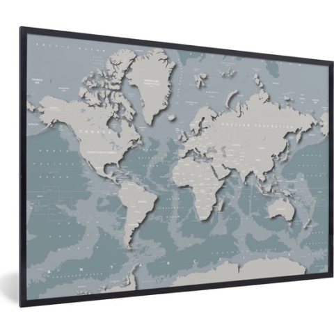 Fotolijst incl. Poster - Wereldkaart - Blauw - Grijs - Kids - Jongetjes - Meisje - 90x60 cm - Posterlijst
