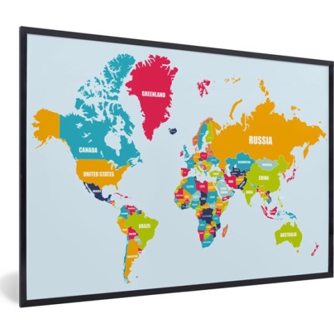 Fotolijst incl. Poster - Wereldkaart - Kleuren - Letters - Kinderen - Jongens - Meisjes - 90x60 cm - Posterlijst