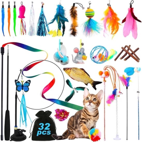 Kattenspeelgoed, 32 stuks interactief kattenspeelgoed met veren, kattenspeelgoed met afneembare zuignap en 1 stuk intrekbare interactieve kattenhengel