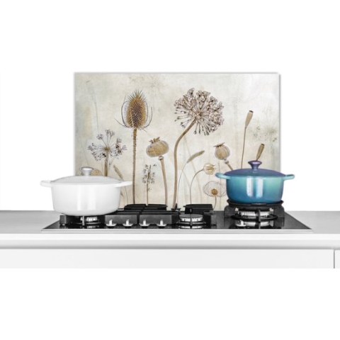 Spatscherm Keuken - Kookplaat Achterwand - Spatwand Fornuis - 70x50 cm - Bloemen - Waterverf - Stilleven - Bruin - Vintage - Aluminium - Wanddecoratie - Muurbeschermer - Hittebestendig