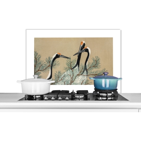 Spatscherm Keuken - Kookplaat Achterwand - Spatwand Fornuis - 90x60 cm - Kraanvogel - Bladeren - Vintage - Japans - Scandinavisch - Aluminium - Wanddecoratie - Muurbeschermer - Hittebestendig