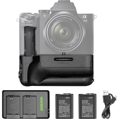 Neewer® - Verticale Batterijgrip voor Sony VG-C2EM, Compatibel met Sony A7 II A7S II en A7R II met 2-Pack 7,4V 1100mAh Oplaadbare Lithium-Ion NP-FW50 Batterijen en Dubbele Oplader