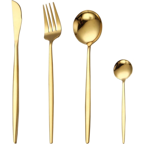 Bestek Set 24-delige RVS Servies Zilverwerk Set Fijne Spiegel Gouden Afwerking en Vaatwasser Veilig Gouden Bestek Set Inclusief Mes Vork Lepel voor 6 Personen