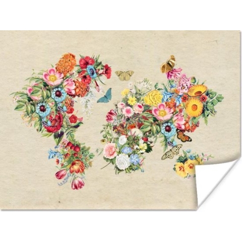 Poster Wereldkaart - Vintage - Bloemen - 160x120 cm XXL