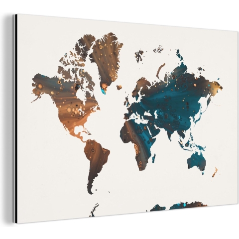 Wanddecoratie Metaal - Aluminium Schilderij Industrieel - Wereldkaart - Blauw - Verf - 150x100 cm - Dibond - Foto op aluminium - Industriële muurdecoratie - Voor de woonkamer/slaapkamer