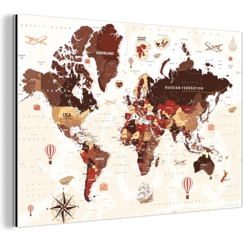 Wanddecoratie Metaal - Aluminium Schilderij Industrieel - Wereldkaart - Bruin - Rood - 150x100 cm - Dibond - Foto op aluminium - Industriële muurdecoratie - Voor de woonkamer/slaapkamer
