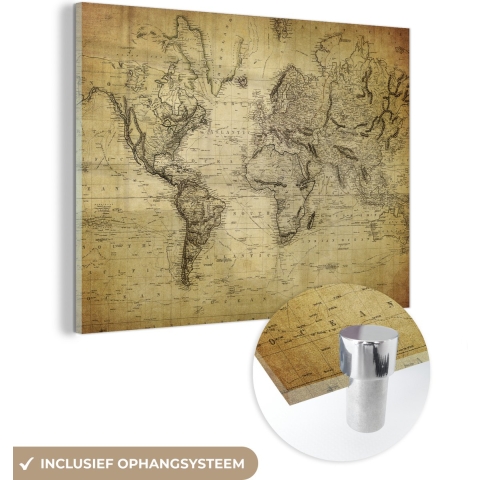 MuchoWow® Glasschilderij - Wereldkaart - Vintage - Antiek - Bruin - Papier - 160x120 cm - Acrylglas Schilderijen - Foto op Glas