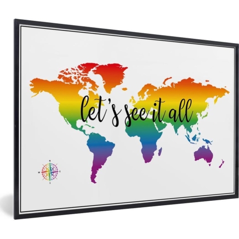 Fotolijst incl. Poster - Wereldkaart - Regenboog - Kompas - 120x80 cm - Posterlijst