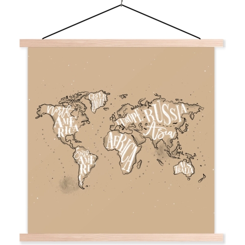 Posterhanger incl. Poster - Schoolplaat - Wereldkaart - Bruin - Wit - Letters - 120x120 cm - Blanke latten