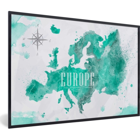 Fotolijst incl. Poster - Waterverf - Wereldkaart - Europa - 120x80 cm - Posterlijst