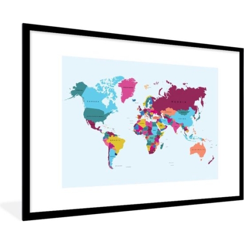 Fotolijst incl. Poster - Wereldkaart - Trendy - Kleurrijk - 90x60 cm - Posterlijst