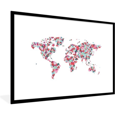 Fotolijst incl. Poster - Wereldkaart - Kleuren - Vlinders - Kinderen - Jongens - Meisjes - 90x60 cm - Posterlijst