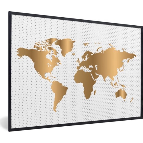 Fotolijst incl. Poster - Wereldkaart - Goud - Stippen - Kinderen - Jongens - Meiden - 90x60 cm - Posterlijst