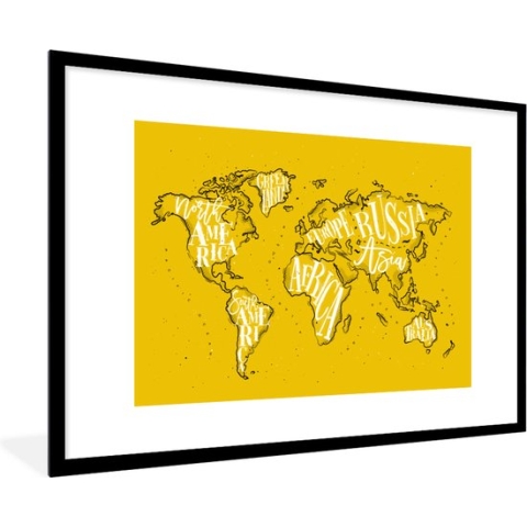 Fotolijst incl. Poster - Wereldkaart - Geel - Wit - Simpel - 90x60 cm - Posterlijst