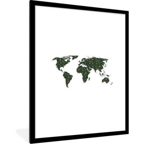Fotolijst incl. Poster - Wereldkaart - Planten - Groen - 60x80 cm - Posterlijst
