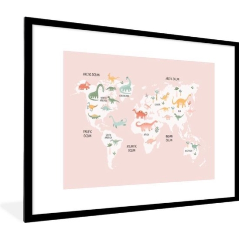 Wereldkaart - Kinderen - Dino - Schoolplaat - Kinderkamer - 80x60 cm