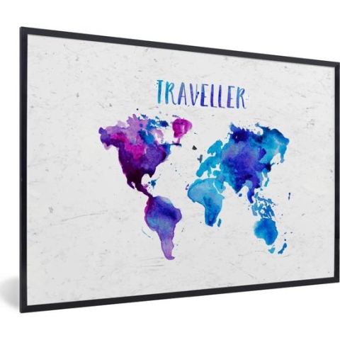 Fotolijst incl. Poster - Wereldkaart - Spreuken - Aquarelverf - 90x60 cm - Posterlijst