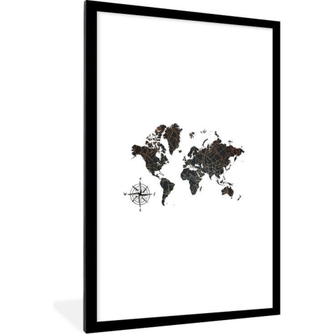 Fotolijst incl. Poster - Wereldkaart - Brons - Kompas - 80x120 cm - Posterlijst