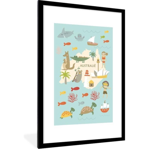 Wereldkaart Kinderen - Australië - Dieren - Schoolplaat - Kinderkamer - 80x120 cm