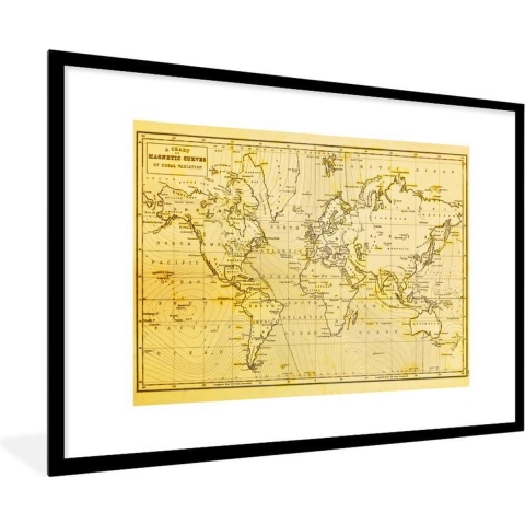 Fotolijst incl. Poster - Wereldkaart - Vintage - Geel - 120x80 cm - Posterlijst