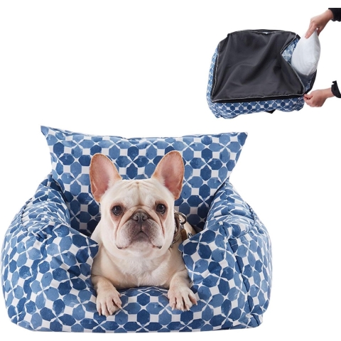Hondenautostoel, wasbare antislip hondenstoel voor kleine honden, inclusief stabiele veiligheidsgordel, geschikt voor elk type auto, met zijdelingse opbergvakken, blauw geruit