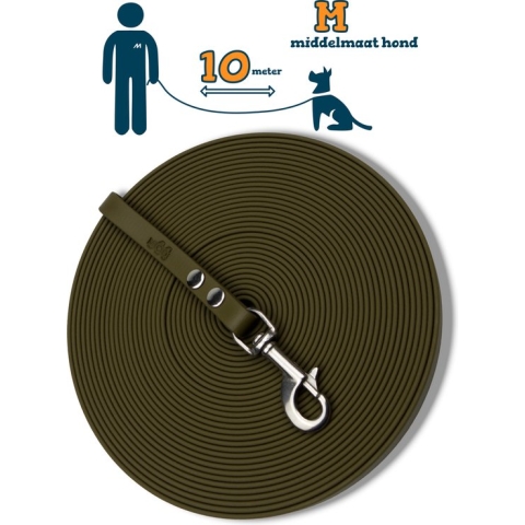 Miqdi lange lijn - BioThane® – olijfgroen - 10 meter lang – 13mm breed – M – middelmaat hond – sleeplijn - géén handvat