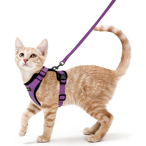 Kattenharnas met riem Zacht harnas voor kat Borstharnas Kattenharnas Kattenset Escape-Proof Verstelbaar Kattenvest Paars XS