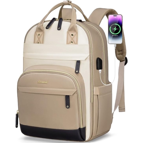 Rugzak voor dames, laptoprugzak, 15,6 inch, schoolrugzak, meisjes, tieners, waterdicht, schooltas, jongens, anti-diefstal, rugzak met laptopvak, voor school, reizen, zakelijk, leraar - Beige