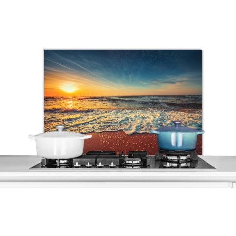 Spatscherm Keuken - Kookplaat Achterwand - Spatwand Fornuis - 90x60 cm - Strand - Zee - Zonsondergang - Goud - Aluminium - Wanddecoratie - Muurbeschermer - Hittebestendig