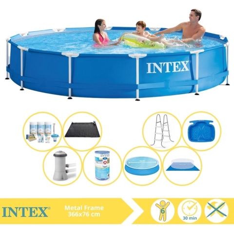 Intex Metal Frame Zwembad - Opzetzwembad - 366x76 cm - Inclusief Solarzeil, Onderhoudspakket, Zwembadpomp, Filter, Grondzeil, Solar Mat, Trap en Voetenbad