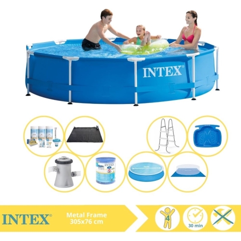 Intex Metal Frame Zwembad - Opzetzwembad - 305x76 cm - Inclusief Solarzeil, Onderhoudspakket, Filter, Grondzeil, Solar Mat, Trap en Voetenbad