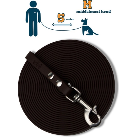Miqdi lange lijn - BioThane® - bruin - 5 meter lang – 13mm breed – M – middelmaat hond – sleeplijn - géén handvat